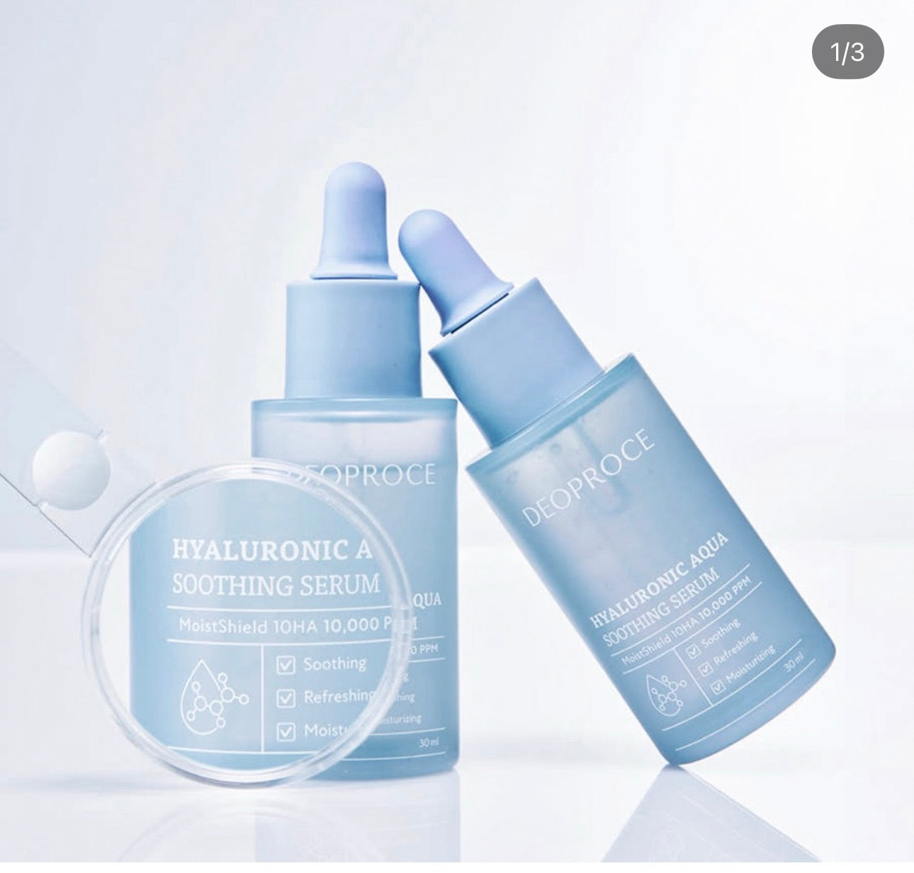 DEOPROCE Hyaluronic Aqua Soothing drėkinantis-raminantis veido serumas su hialuronu, 30ml.