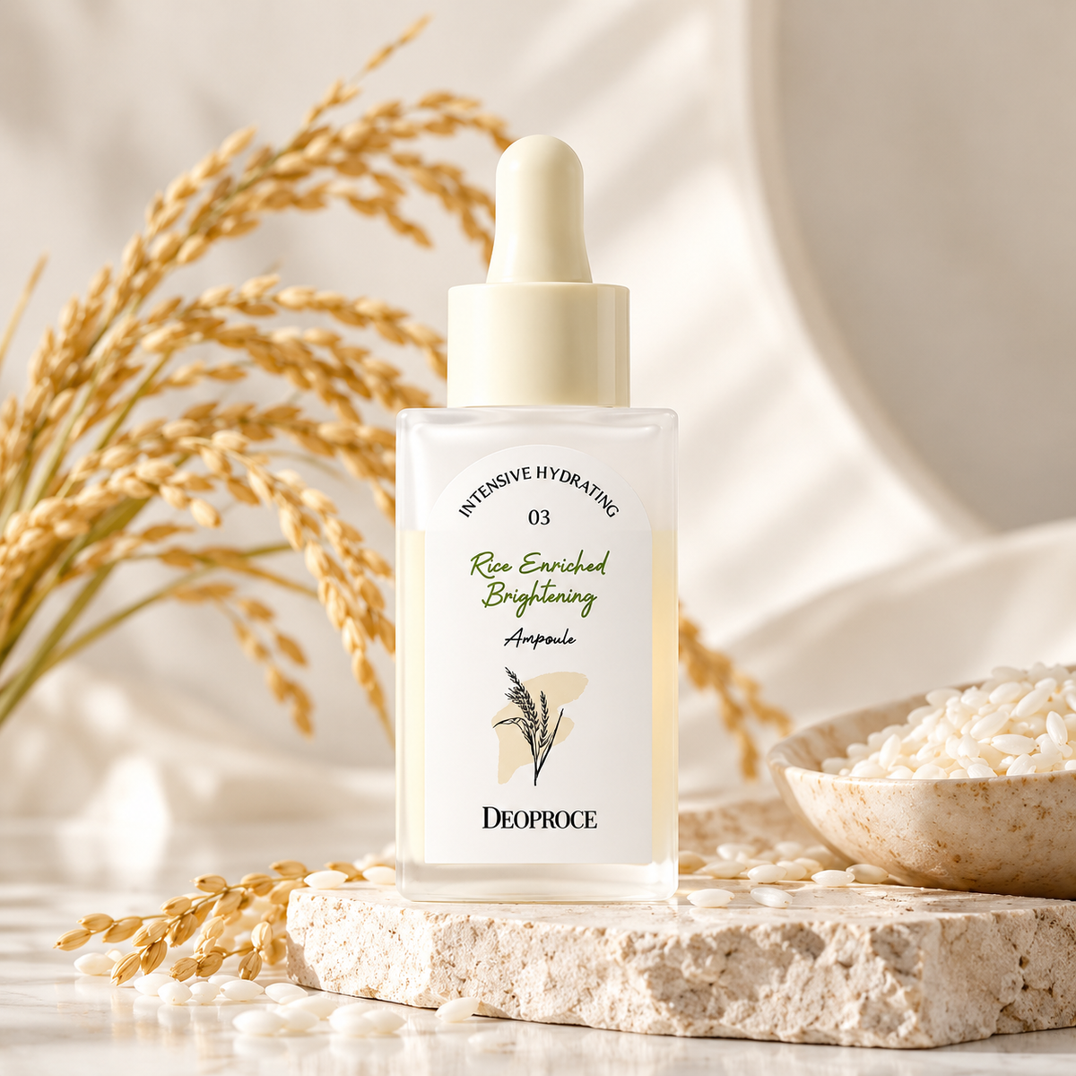 DEOPROCE Rice Enriched Brightening šviesinamasis veido serumas su ryžių ekstraktu, 30ml.