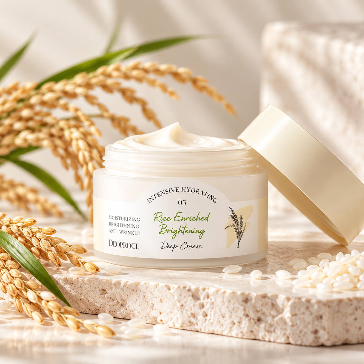 DEOPROCE Rice Enriched Brightening šviesinamasis veido kremas su ryžių ekstraktu, 100ml.