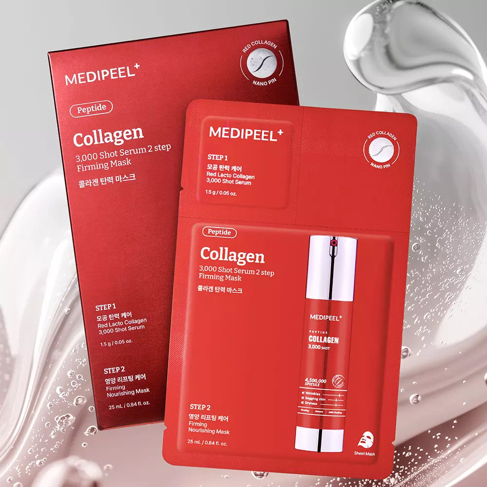 MEDI-PEEL Collagen 3000 Shot Serum dviejų žingsnių liftinguojanti lakštinė veido kaukė su kolagenu, PDRN ir mikroadatėlėmis