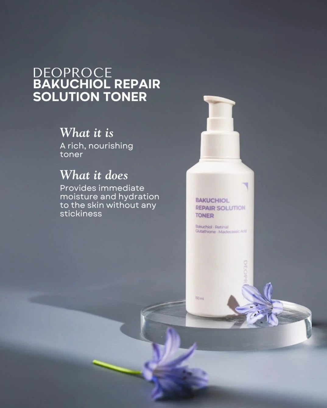 DEOPROCE Bakuchiol Repair Solution anti-aging drėkinantis tonikas, 150ml.